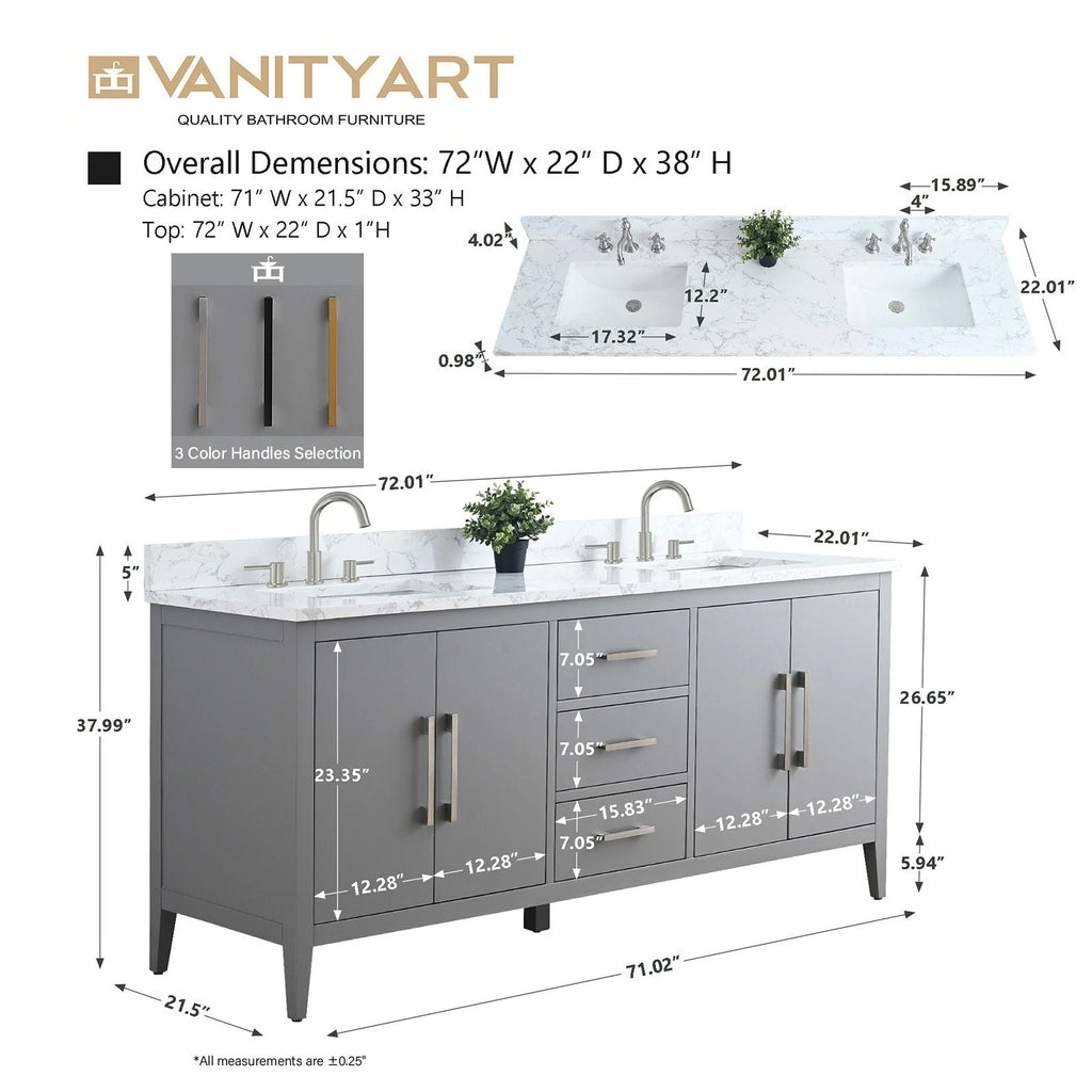 Vanity Art badkamermeubel van 72 met dubbele wastafel en een blad van kunstmarmer