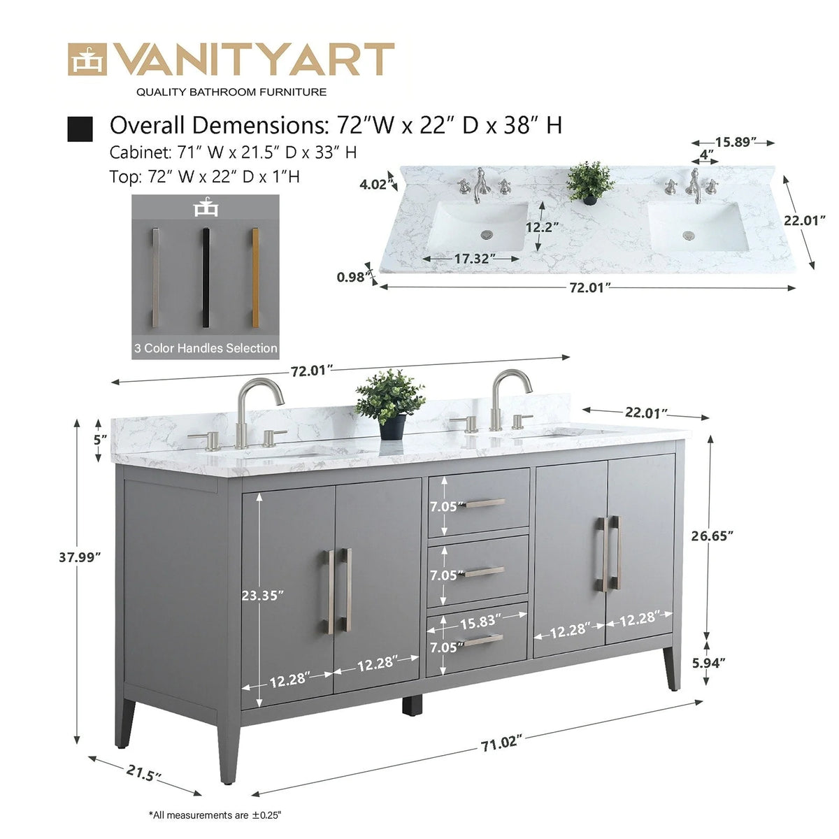 Vanity Art badkamermeubel van 72 met dubbele wastafel en een blad van kunstmarmer