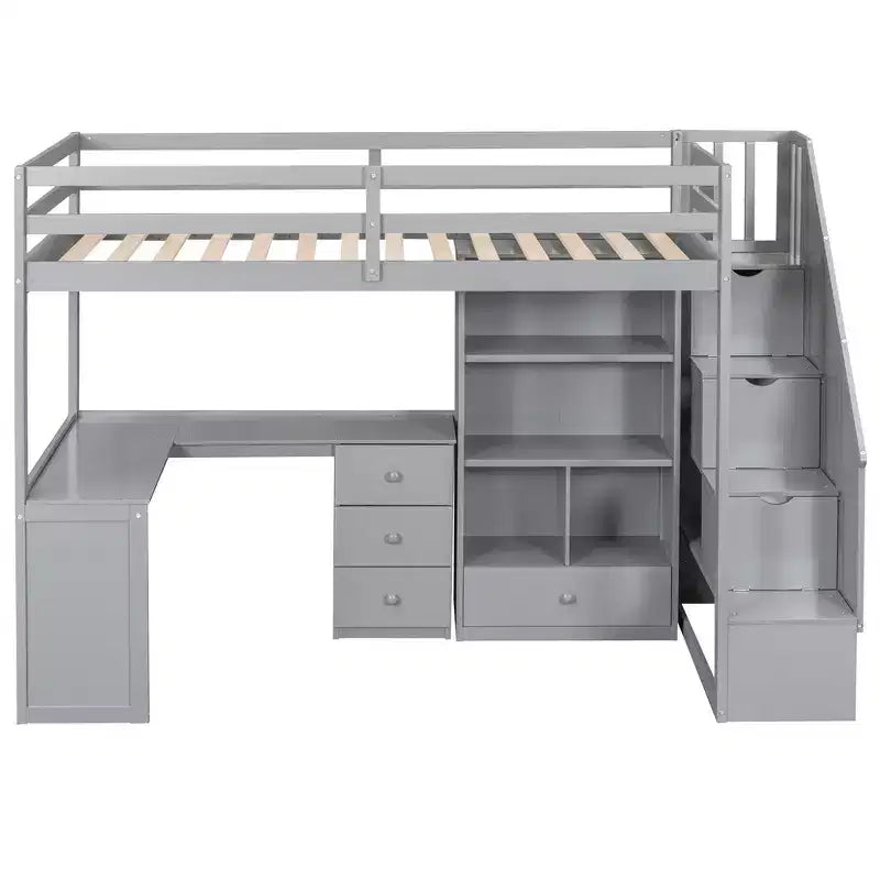Halfhoogslaper in eenpersoonsmaat met L-vormig bureau, 3 laden, kast, opbergruimte in de trap, frame van massief grenenhout en MDF