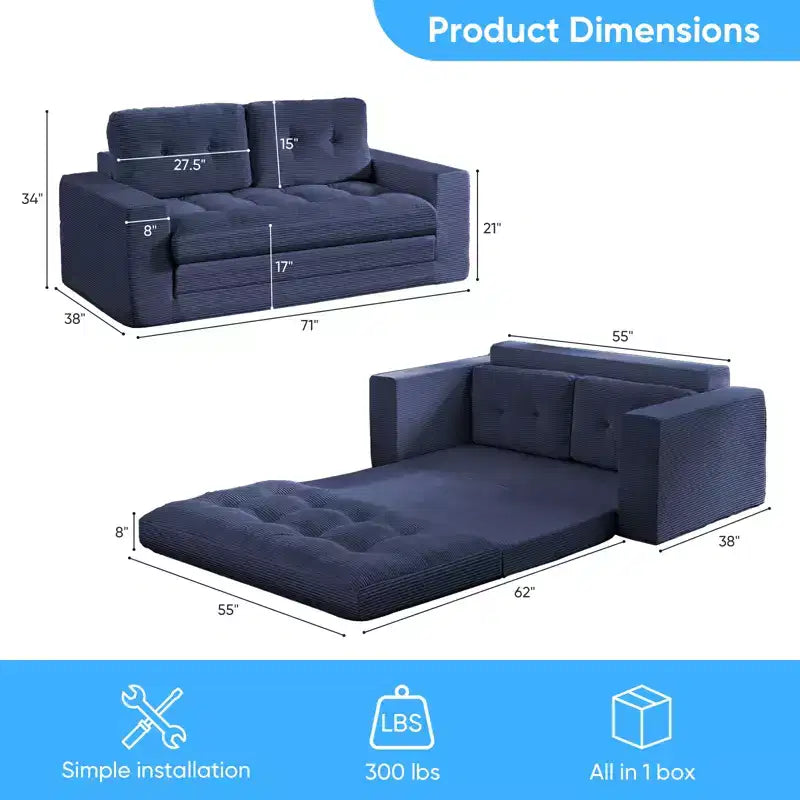 Rozkładana sofa-futon Mjkone 2 w 1 o szerokości 71', tapicerowana tkaniną sztruksową, z pikowanymi guzikami, dwuosobowa sofa z funkcją spania, oszczędzająca miejsce