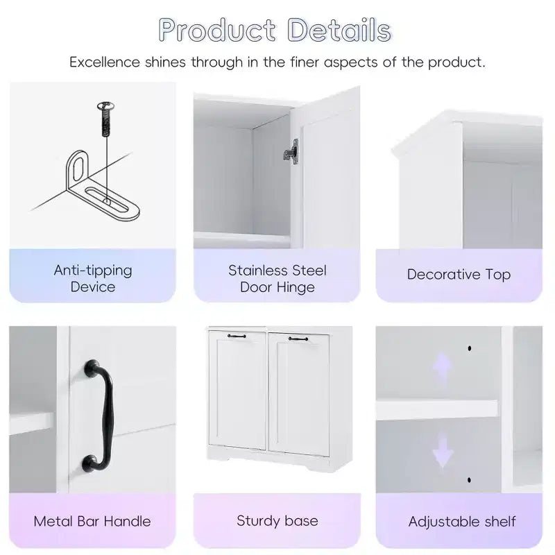 Szafka łazienkowa z drzwiami i szufladami, uchylny kosz na pranie, wiele schowków, model wolnostojący