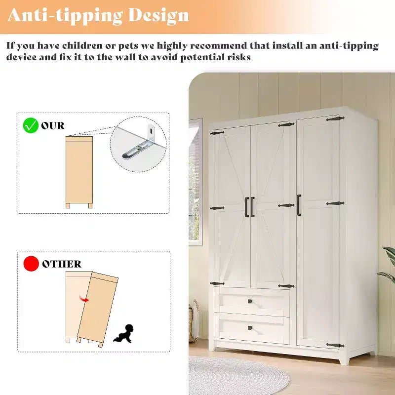 AMERLIFE 47-Zoll-Kleiderschrank im Landhausstil mit 3 Türen, 2 Schubladen, Kleiderstange und verstellbaren Einlegeböden, freistehender Kleiderschrank