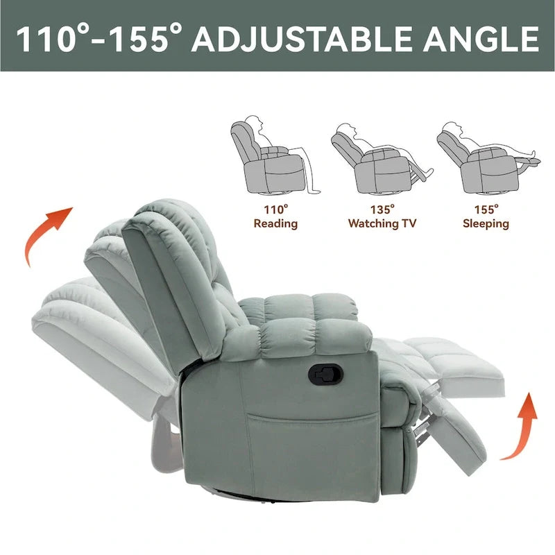 Groene extra grote handmatige relaxfauteuil met draaifunctie, schommelfunctie en stoffen bekleding