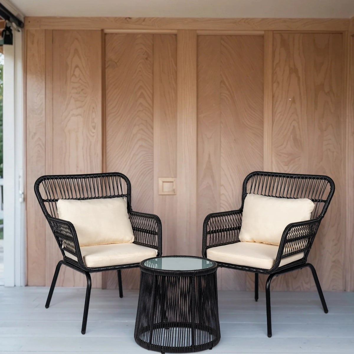 3-teiliges Outdoor-Bistroset aus Korbgeflecht, wetterfeste Rattan-Gartenmöbel mit Stühlen und Kissen