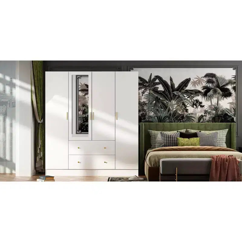 Armário Hitow com 2 gavetas grandes, zona central para pendurar roupa e espelho, estilo minimalista