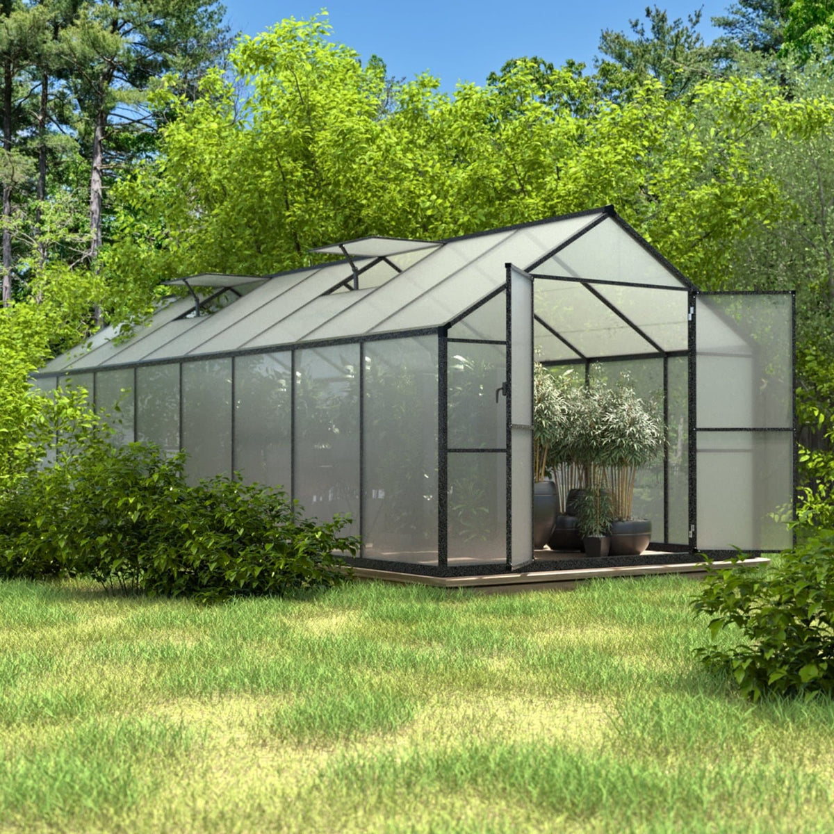 VEIKOUS Aluminum Walk-In Garden Greenhouse Kit with Adjustable Roof Vent and Lockable Door Grey