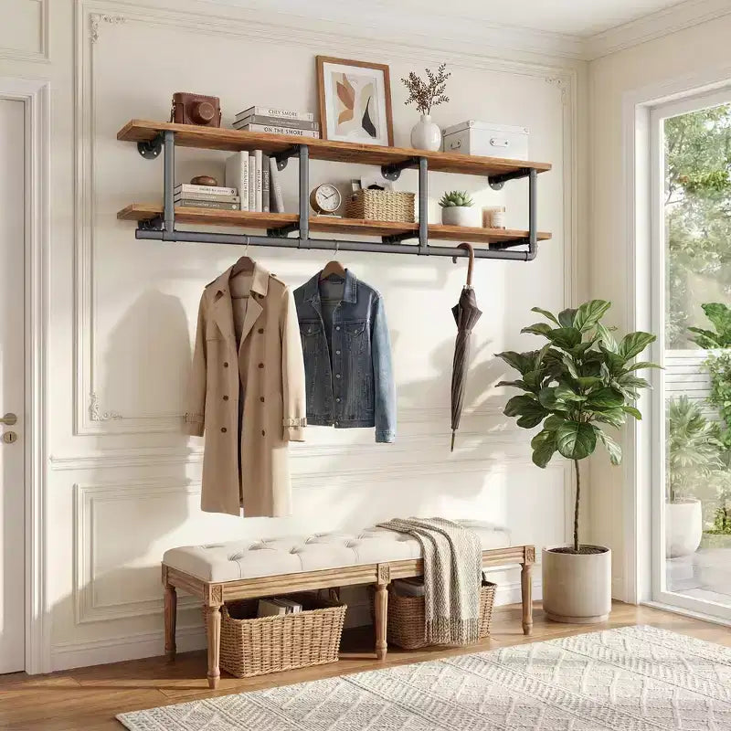 Besiost 2-Tier Clothing Rack with Hanging Rod, Clothing Shelves with Top Shelf