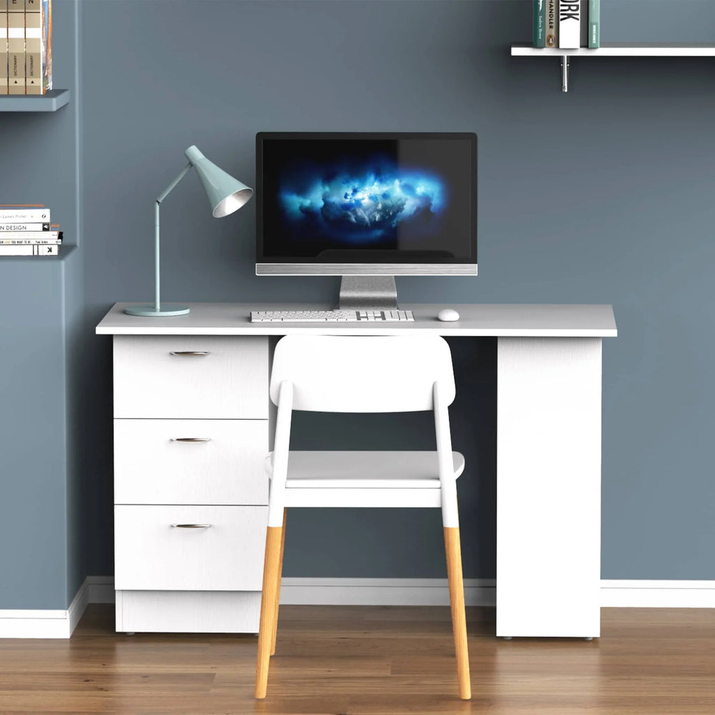 Secretária HOMCOM moderna para escritório em casa, combinação de secretária para computador e estante, posto de trabalho com 3 gavetas e prateleira de arrumação - branco