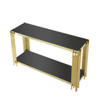 Smalle consoletafel met 2 niveaus, goudkleurig metalen frame en blad van gehard glas