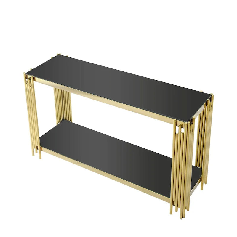 Smalle consoletafel met 2 niveaus, goudkleurig metalen frame en blad van gehard glas