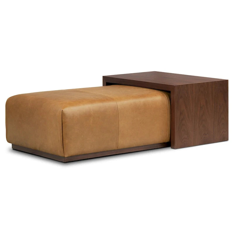 Pouf Jarmo Poly & Bark avec tablette en noyer réglable - cuir italien véritable pleine fleur