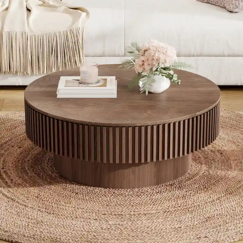 Table basse ronde moderne en bois massif plaqué, avec rangement