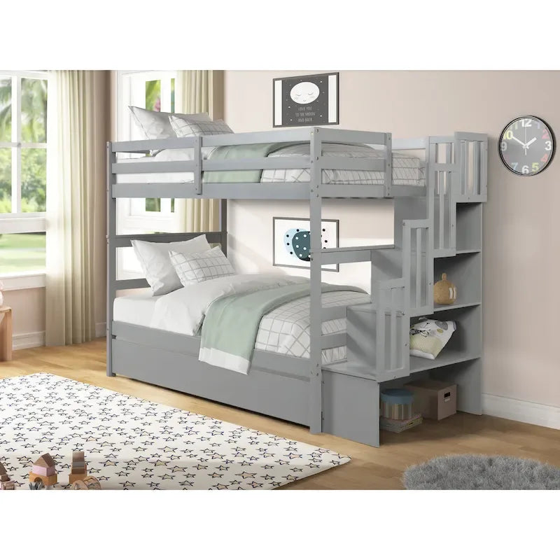 Beliche para colchões individuais, com cama extra individual e escadas com arrumação, na cor cinzenta