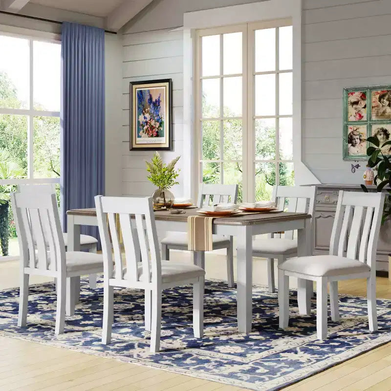 Uitschuifbare eethoekset in landelijke stijl voor 6 personen, rechthoekige tafel en 6 gestoffeerde stoelen