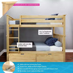 Stapelbed van massief hout voor kinderen, twee eenpersoonsbedden boven elkaar, met opberglades onder het bed