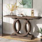 Vintage consoletafel met geometrisch onderstel, houten haltafel