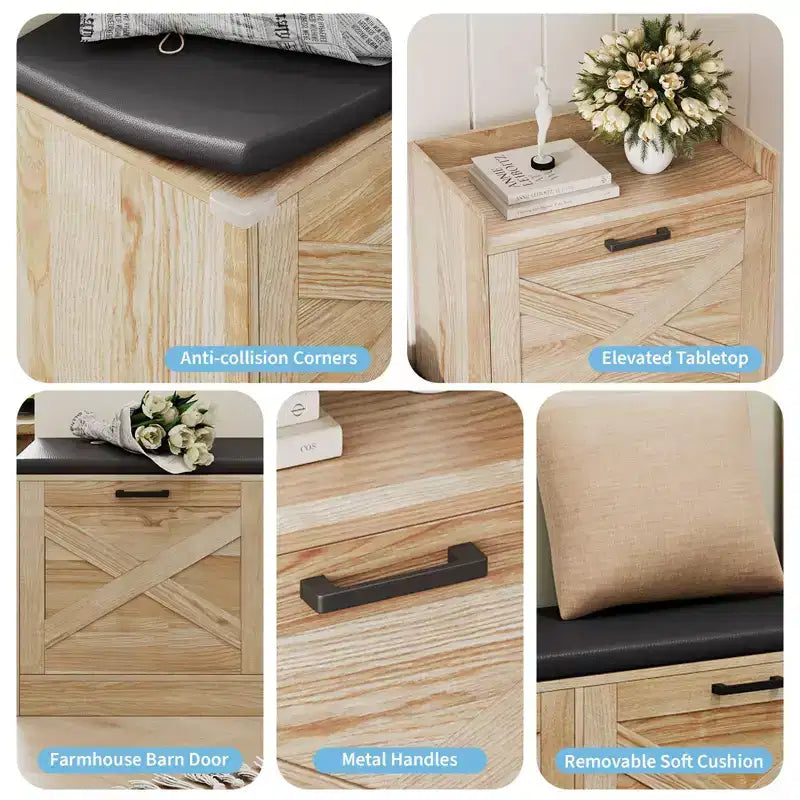 Schoenenkast in landelijke stijl, houten halbank met 4 klepkasten, smalle verborgen schoenenopberger, vrijstaand schoenenrek voor hal of entree