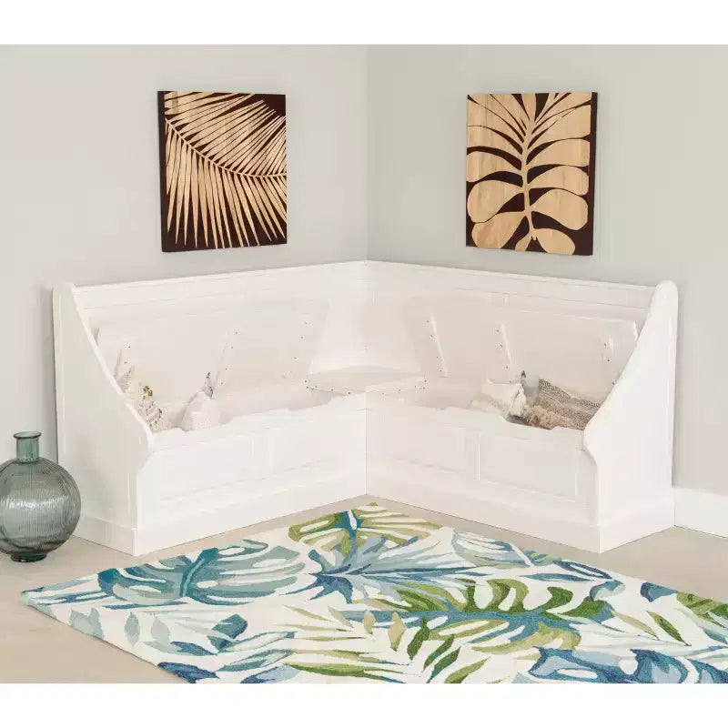 Banc d’angle petit-déjeuner Tobin traditionnel en bois massif, sans dossier, avec rangement et coussin blanc - Linon