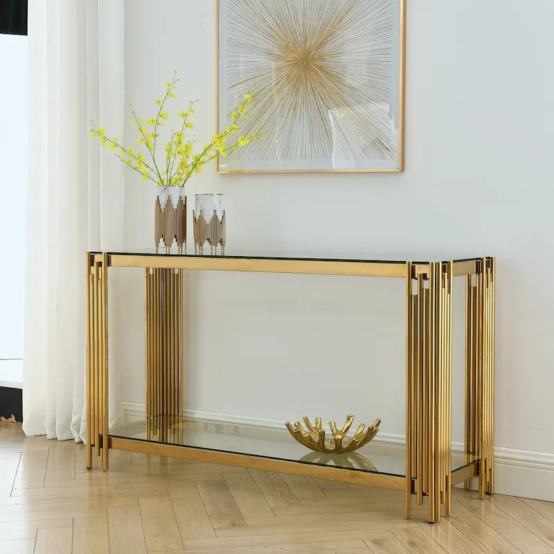 Smalle consoletafel met 2 niveaus, goudkleurig metalen frame en blad van gehard glas