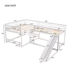 L-förmiges Etagenbett für 4 Kinder, Vierer-Etagenbett mit Rutsche und Bettgestell aus Holz in Full- und Twin-Size für Schlafzimmer und Wohnheim
