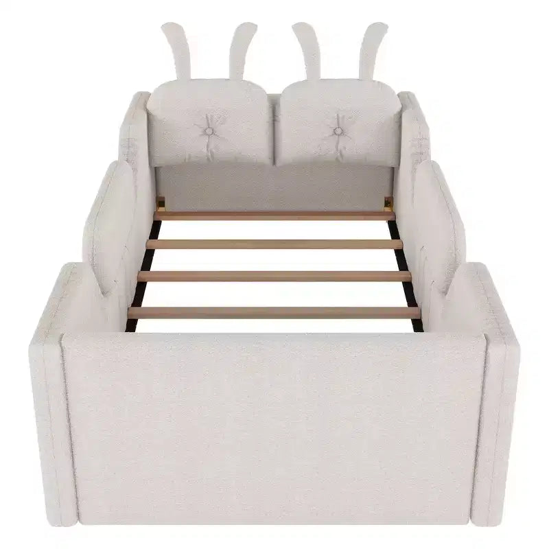 Whisen eenpersoonsbed met platform, gestoffeerd kinderbedframe voor op de vloer met konijnenkussen en afneembare zijhekken