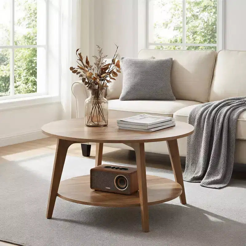 Honingbruine ronde salontafel met 2 opberglagen, afmetingen 31.5 x 17.7 Inches, ideaal voor de woonkamer