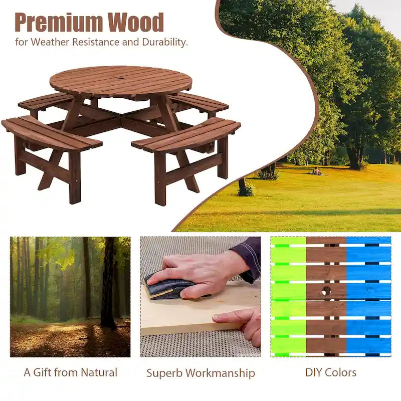 Set da picnic rotondo da esterno per 8 persone in legno di abete, con 4 panche integrate e foro per ombrellone