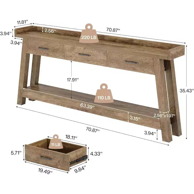 Lantine zitbanktafel met 2 niveaus en 3 laden, consoletafel van 70.9 met opstaande rand en opbergplanken voor de woonkamer, hal of entree