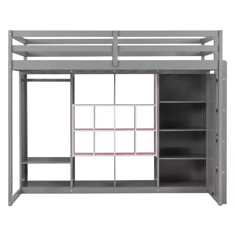 Kinder-Hochbett mit Kleiderschrank und Regalen, Holz-Hochbettrahmen mit Stauraumschrank für Kinder und Jugendliche