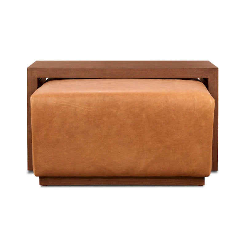 Pouf Jarmo Poly & Bark avec tablette en noyer réglable - cuir italien véritable pleine fleur