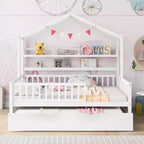 Struttura letto a casetta Acekool a una piazza e mezza con letto estraibile singolo, cassetti e ripiani contenitori, tetto e staccionata, letto a piattaforma per bambini, bianco
