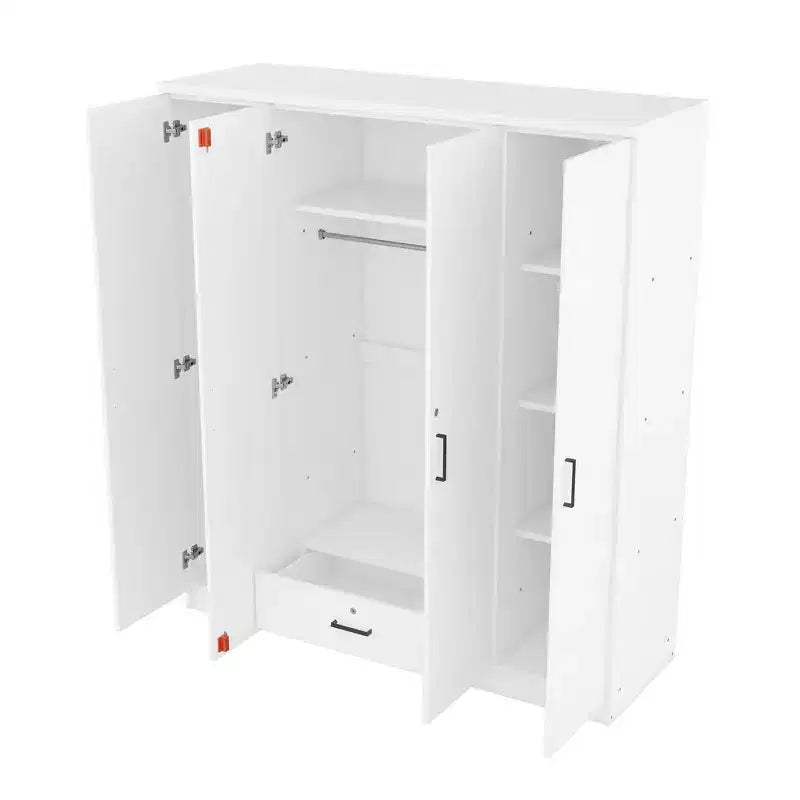 Viertüriger Kleiderschrank aus Holz mit Kleiderstange, 1 Schublade und Einlegeböden