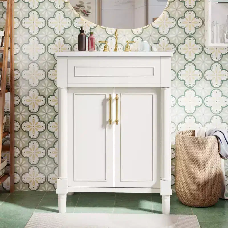 24-Zoll-Badezimmer-Waschtisch mit Keramikwaschbecken, Shaker-Schrank, 2 Türen mit Soft-Close-Funktion, Massivholzrahmen für kleine Badezimmer oder Gäste-WC