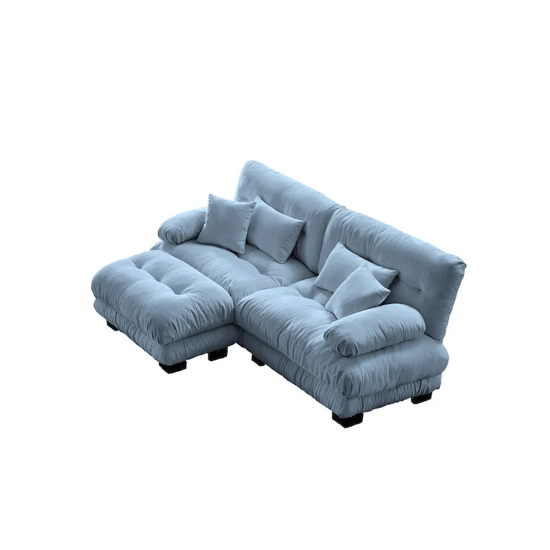 Narożna sofa dwuosobowa w kształcie litery L z tapicerką chenille i poduszkami lędźwiowymi