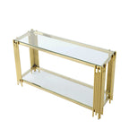 Smalle consoletafel met 2 niveaus, goudkleurig metalen frame en blad van gehard glas