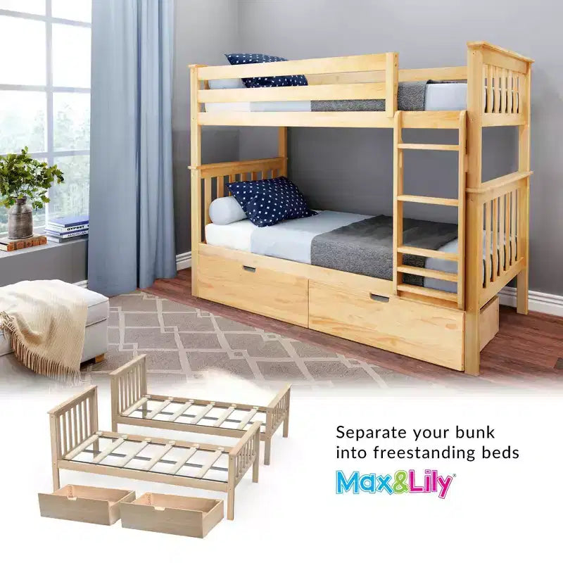 Stapelbed van massief hout voor kinderen, twee eenpersoonsbedden boven elkaar, met opberglades onder het bed