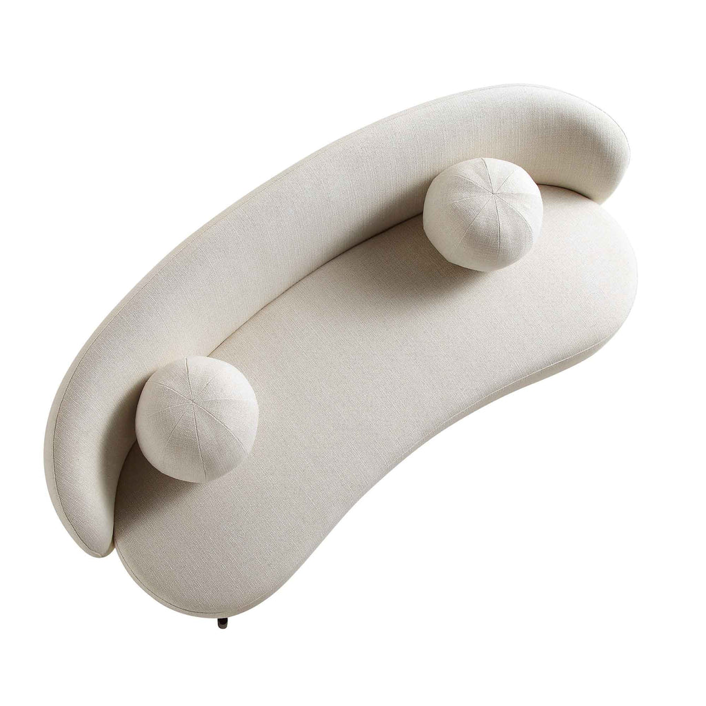 Gebogenes 3-Sitzer-Sofa mit kugelförmigen Kissen, beige Leinenmischung