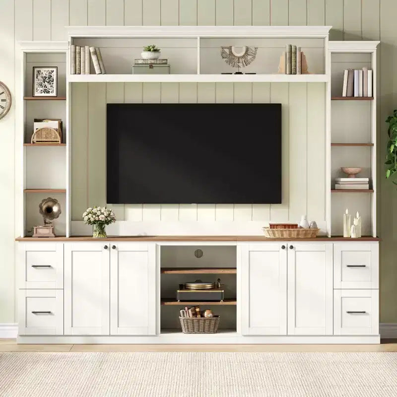 ModernLuxe 4-in-1-Unterhaltungszentrum im Landhausstil, passend für Fernseher bis 70, TV-Ständer-Medienkonsole mit verstellbaren Einlegeböden und Schubladen