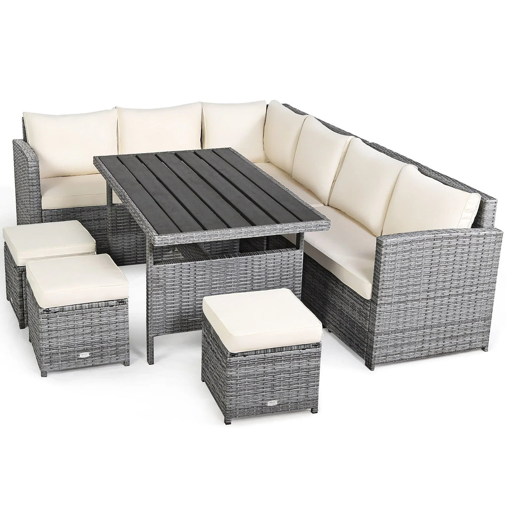 Costway 7-teiliges Ess-Set aus Polyrattan für die Terrasse mit Ecksofa und Hocker - Details ansehen