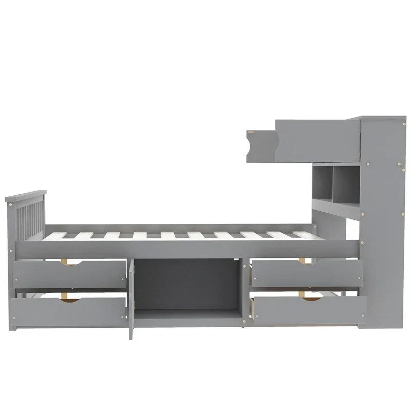 Lit plateforme capitaine une place/deux places avec 4 tiroirs et étagères de rangement, cadre en bois massif avec tête de lit bibliothèque et rangements