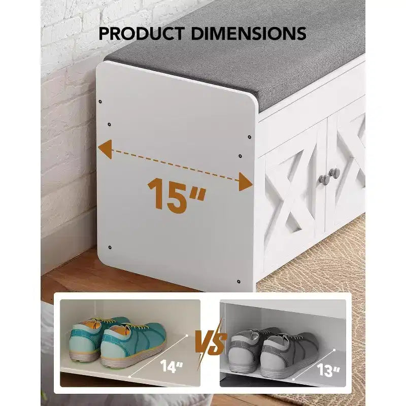Banc à chaussures avec rangement, banc d’entrée de 47.2 po de long avec siège rembourré et compartiment de rangement à couvercle relevable, 4 portes, capacité de 300 lb, avec range-chaussures pour l’entrée