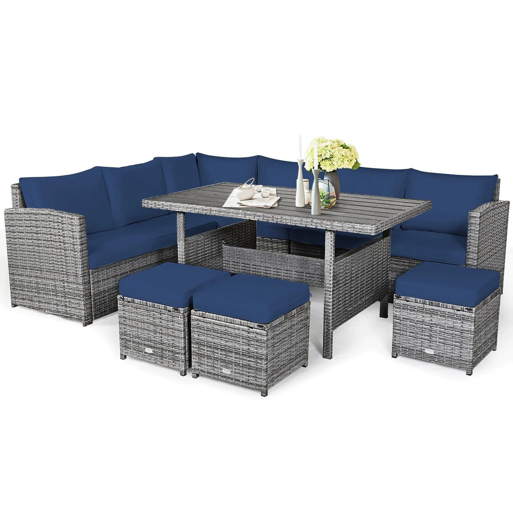 Costway 7-teiliges Ess-Set aus Polyrattan für die Terrasse mit Ecksofa und Hocker - Details ansehen