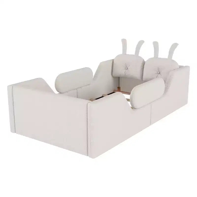 Whisen eenpersoonsbed met platform, gestoffeerd kinderbedframe voor op de vloer met konijnenkussen en afneembare zijhekken