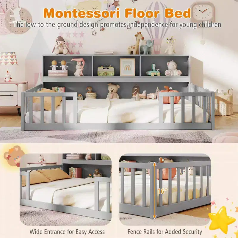 Letto Montessori a terra Twin/Full con libreria, ripiani contenitori e sponde di sicurezza, bianco/grigio