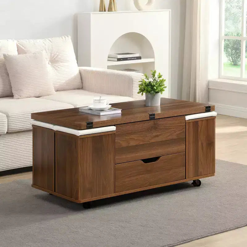 Table basse moderne multifonctionnelle à plateau relevable avec rangement caché, 4 tabourets et roulettes, idéale pour les espaces de vie modernes
