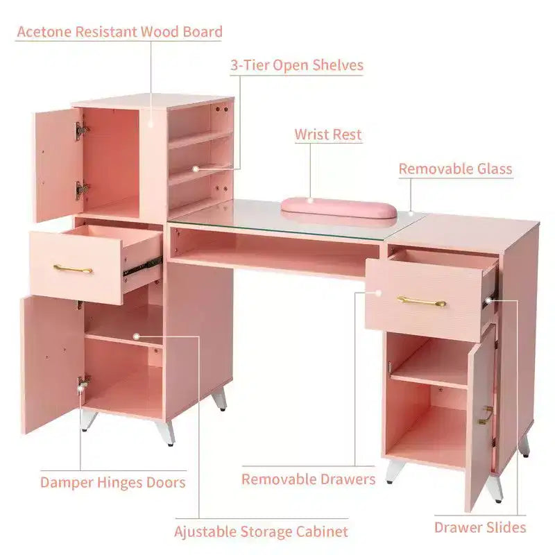 Schwarzer/rosa moderner Nageltisch mit Glasplatte und Handgelenkauflage, Einzelplatz