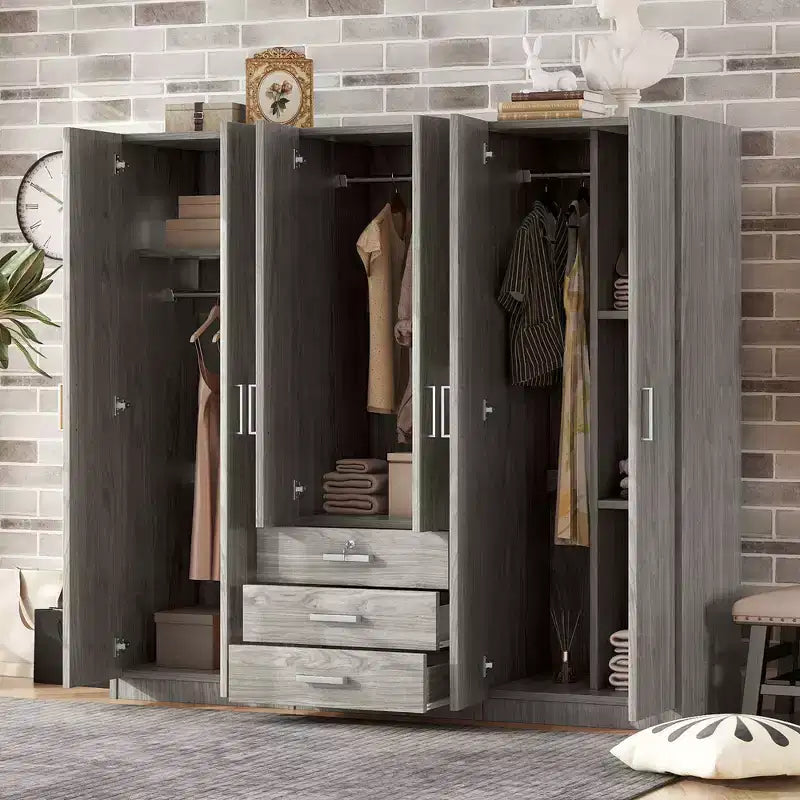 Guarda-roupa de madeira com 6 portas e gavetas para quarto