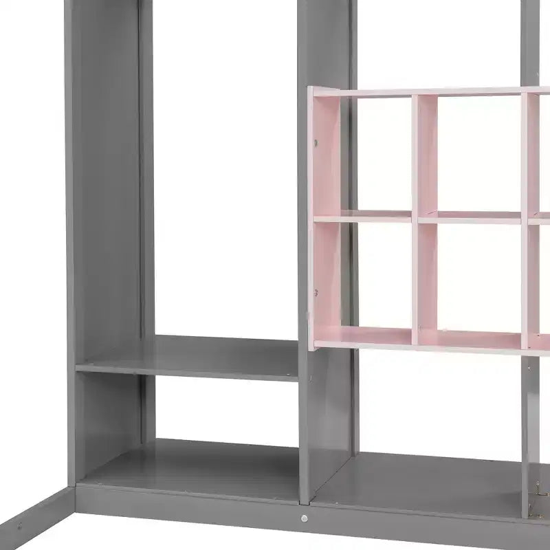 Kinder-Hochbett mit Kleiderschrank und Regalen, Holz-Hochbettrahmen mit Stauraumschrank für Kinder und Jugendliche