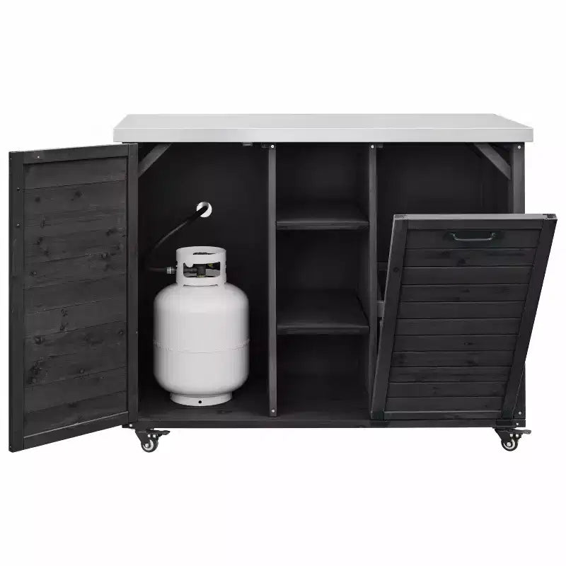 Isola da cucina da esterno da 78.3 pollici con piano in acciaio inox, postazione barbecue pieghevole e armadietti contenitori, nera