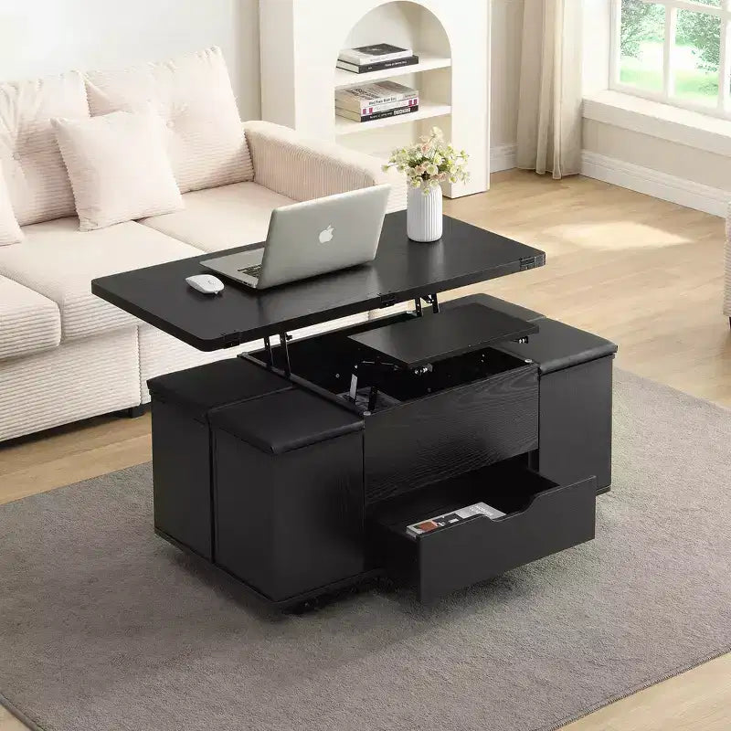 Table basse moderne multifonctionnelle à plateau relevable avec rangement caché, 4 tabourets et roulettes, idéale pour les espaces de vie modernes